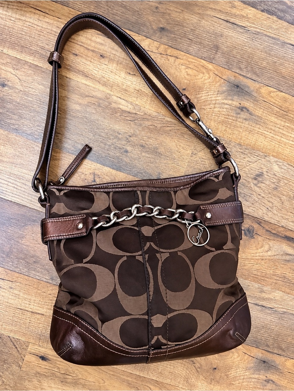 Coach Signature Brown Jacquard & Leather Shoulder Bag Purse